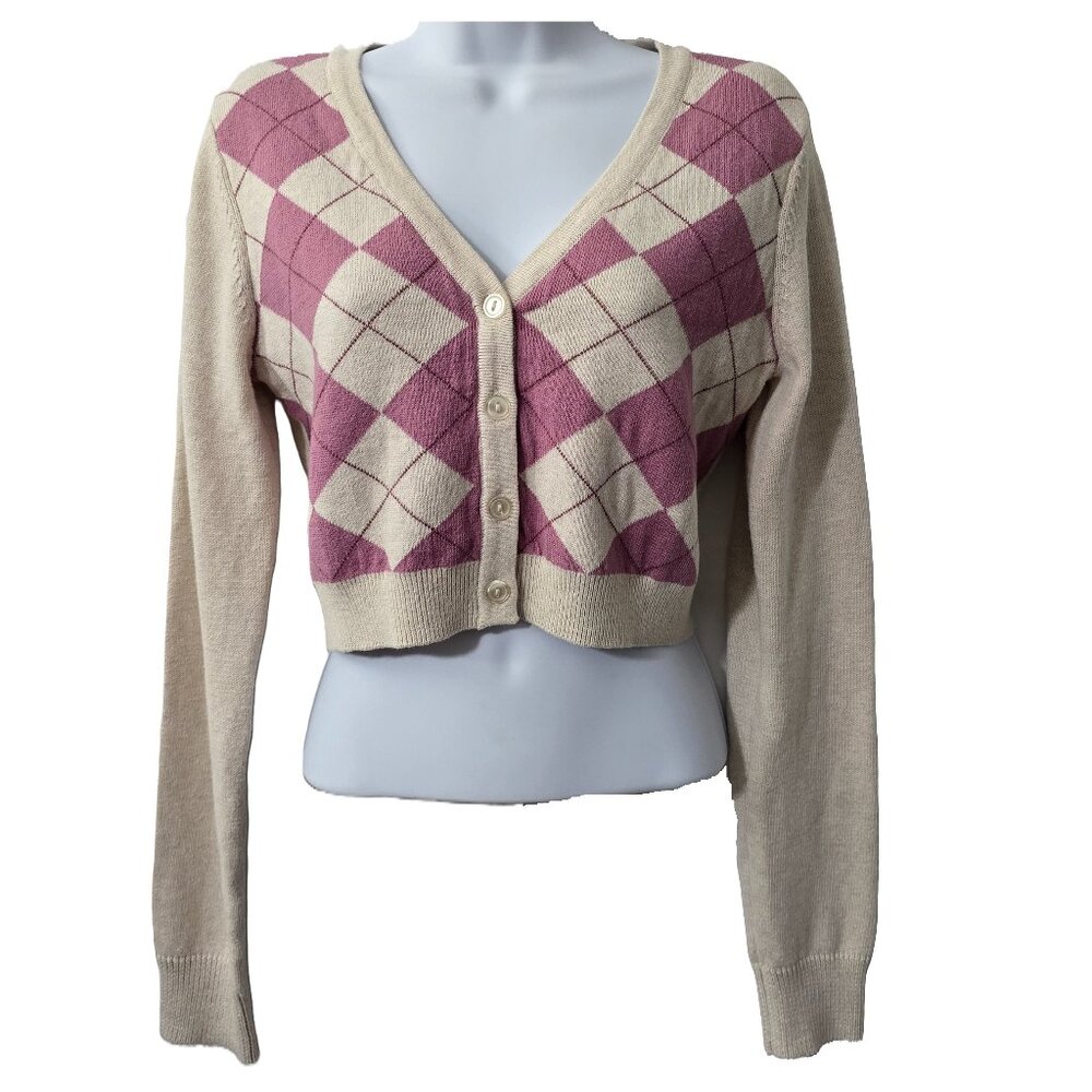 Aeropostale Argyle Cropped Cardigan Sweater M Cotton Blend Beige Pink Academia